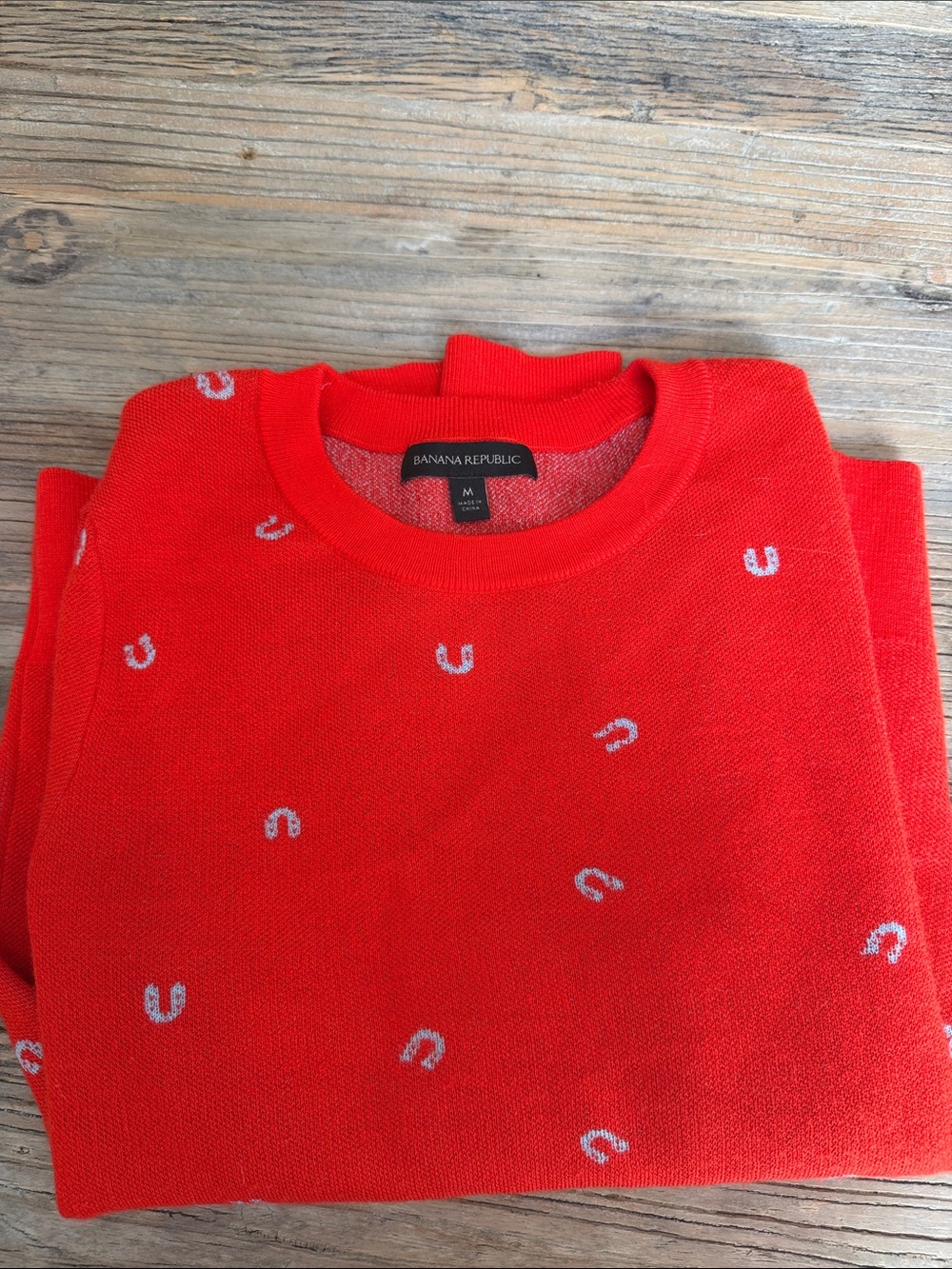 Banana Republic Red Crewneck Sweater with White Horseshoe Motifs